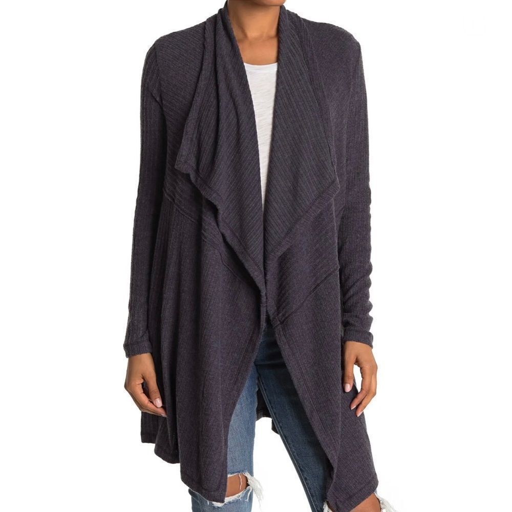 NEW H By Bordeaux Mix Rib Cozy Waterfall Cardigan in Licorice Small